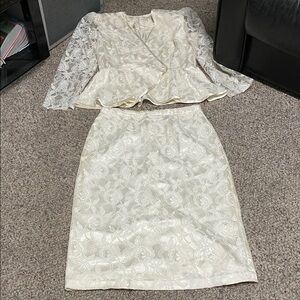 Vintage 80s white lace peplum blazer pencil Skirt Suit with satin bow back